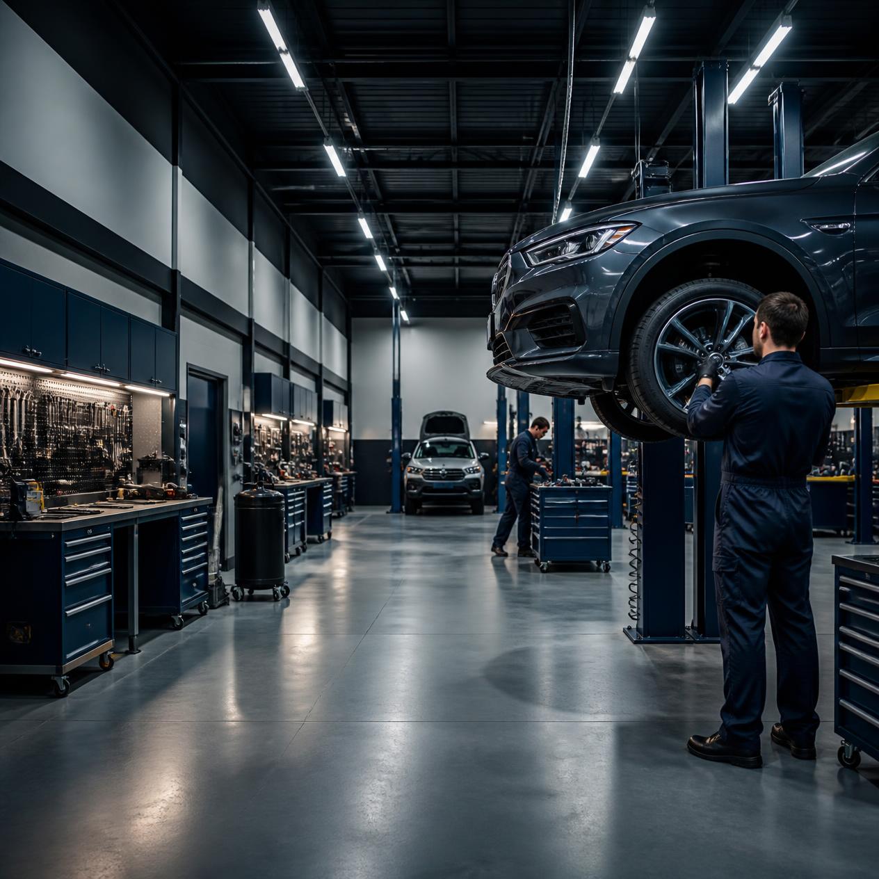 Kaldırma platformlarının ve tezgahların bulunduğu oto elektrik atölyesi