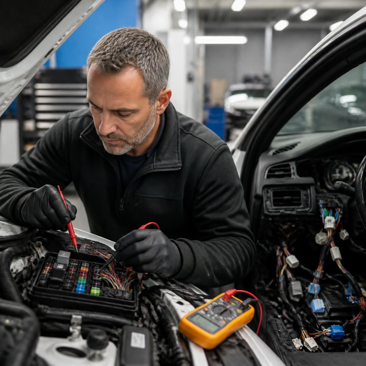 Multimetre ile araç elektrik tesisatını kontrol eden bir teknisyen