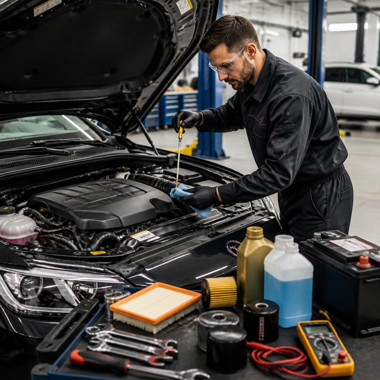 Araç motorunda genel bakım işlemi yapan bir teknisyen